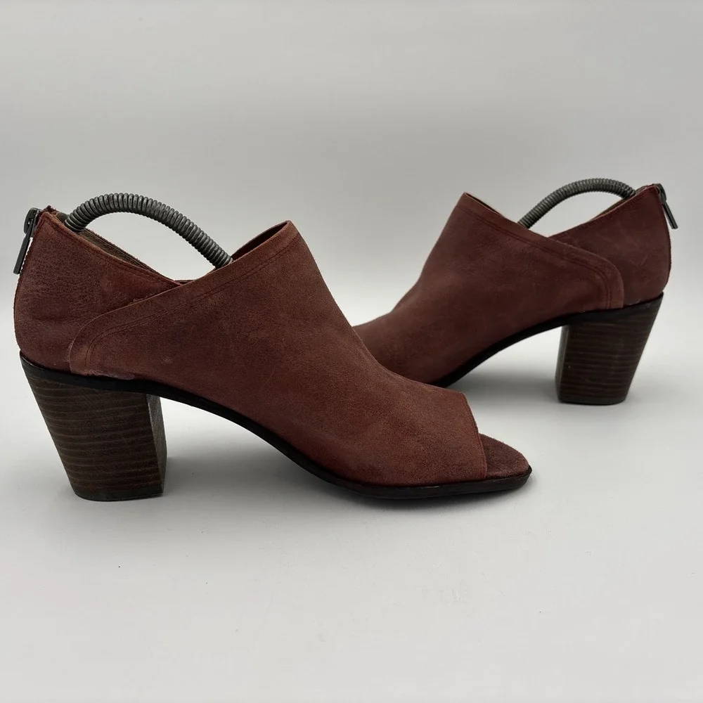 Lucky Brand Kalli Booties Burgundy Suede Leather Peep Toe Block Heel Size 9.5